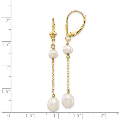 PGE 14k 5-7mm White Rice and Semi-Round Freshwater Cultured Pearl Chain Dangle Leverback Earrings
