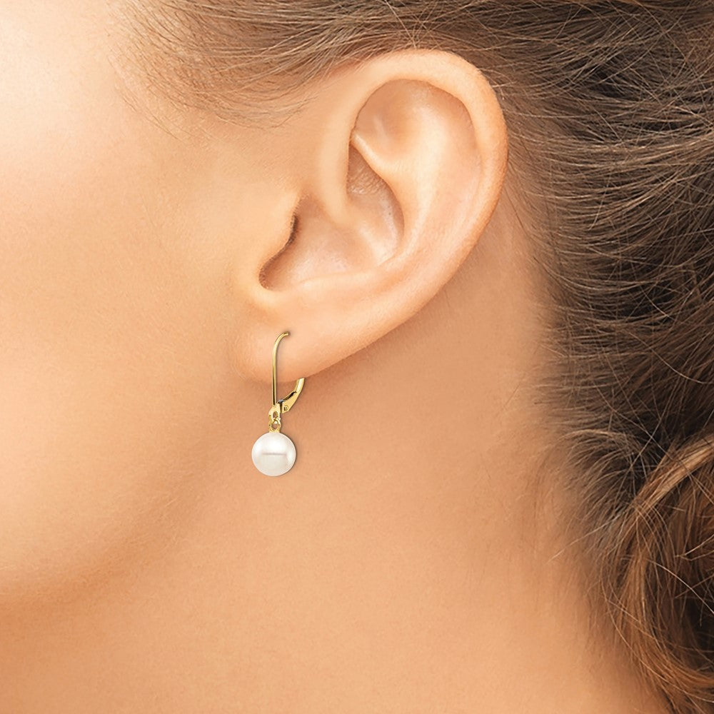PGE 14k 7-8mm White Round Freshwater Cultured Pearl Dangle Leverback Earrings