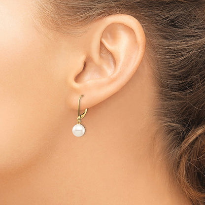 PGE 14k 7-8mm White Round Freshwater Cultured Pearl Dangle Leverback Earrings