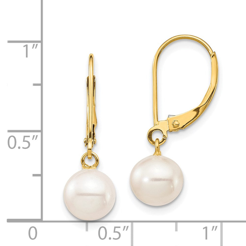 PGE 14k 7-8mm White Round Freshwater Cultured Pearl Dangle Leverback Earrings