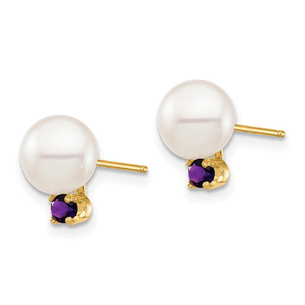 PGE 14k 7-7.5mm White Round Freshwater Cultured Pearl and .14AM Amethyst Post Earrings