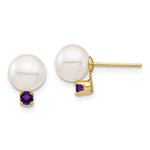 PGE 14k 7-7.5mm White Round Freshwater Cultured Pearl and .14AM Amethyst Post Earrings