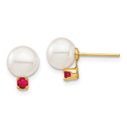 PGE 14k 7-7.5mm White Round Freshwater Cultured Pearl and .18RU Ruby Post Earrings