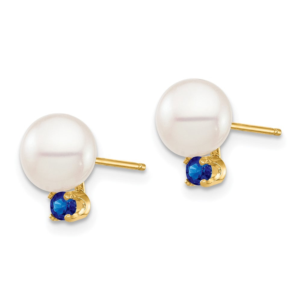 PGE 14k 7-7.5mm White Round Freshwater Cultured Pearl and .18SA Sapphire Post Earrings