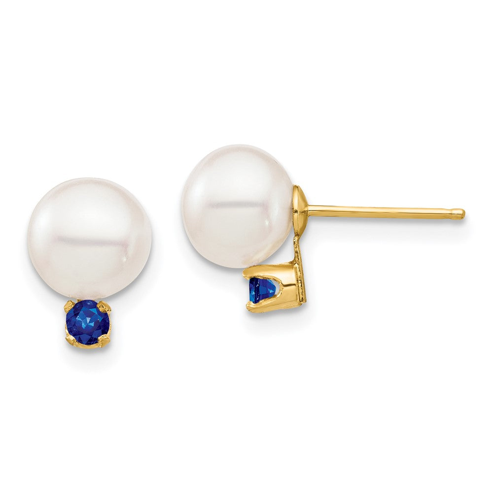 PGE 14k 7-7.5mm White Round Freshwater Cultured Pearl and .18SA Sapphire Post Earrings