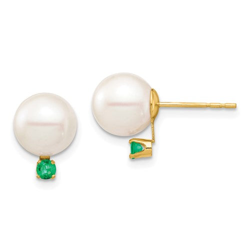 PGE 14k 8-8.5mm White Round Freshwater Cultured Pearl and .18EM Emerald Post Earrings