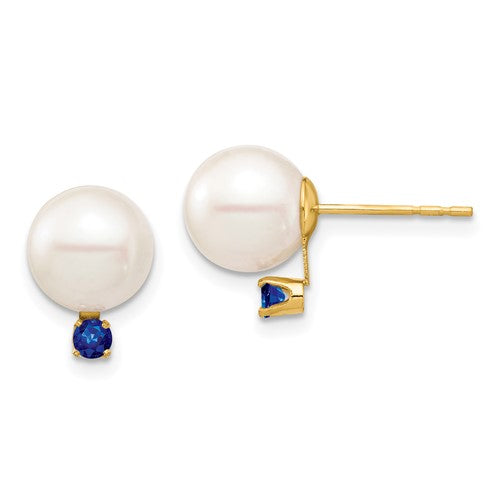 PGE 14k 8-8.5mm White Round Freshwater Cultured Pearl and .18SA Sapphire Post Earrings
