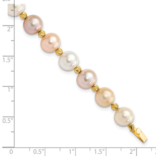 PGB 14k 8-9mm Pink/Purple/White Semi-Round Freshwater Cultured Pearl and Diamond-cut Beaded 7.5 inch Bracelet