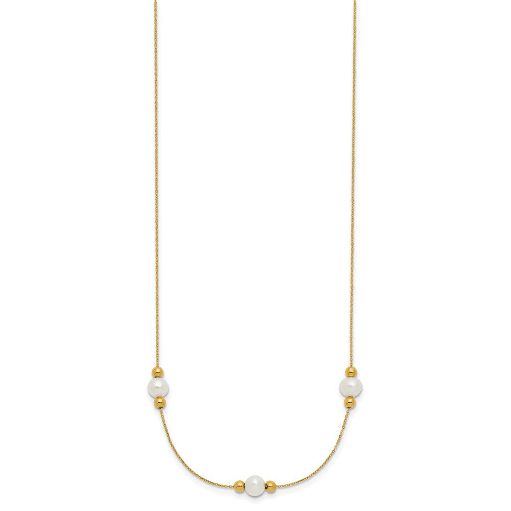PGN 14K Polished White Round Freshwater Cultured Pearl and Bead 3-Station 16 inch Necklace Plus 2 inch Extender