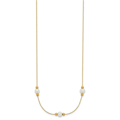 PGN 14K Polished White Round Freshwater Cultured Pearl and Bead 3-Station 16 inch Necklace Plus 2 inch Extender
