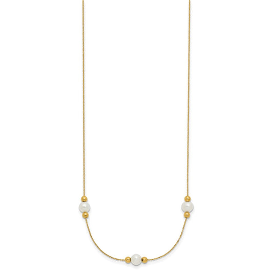 PGN 14K Polished White Round Freshwater Cultured Pearl and Bead 3-Station 16 inch Necklace Plus 2 inch Extender