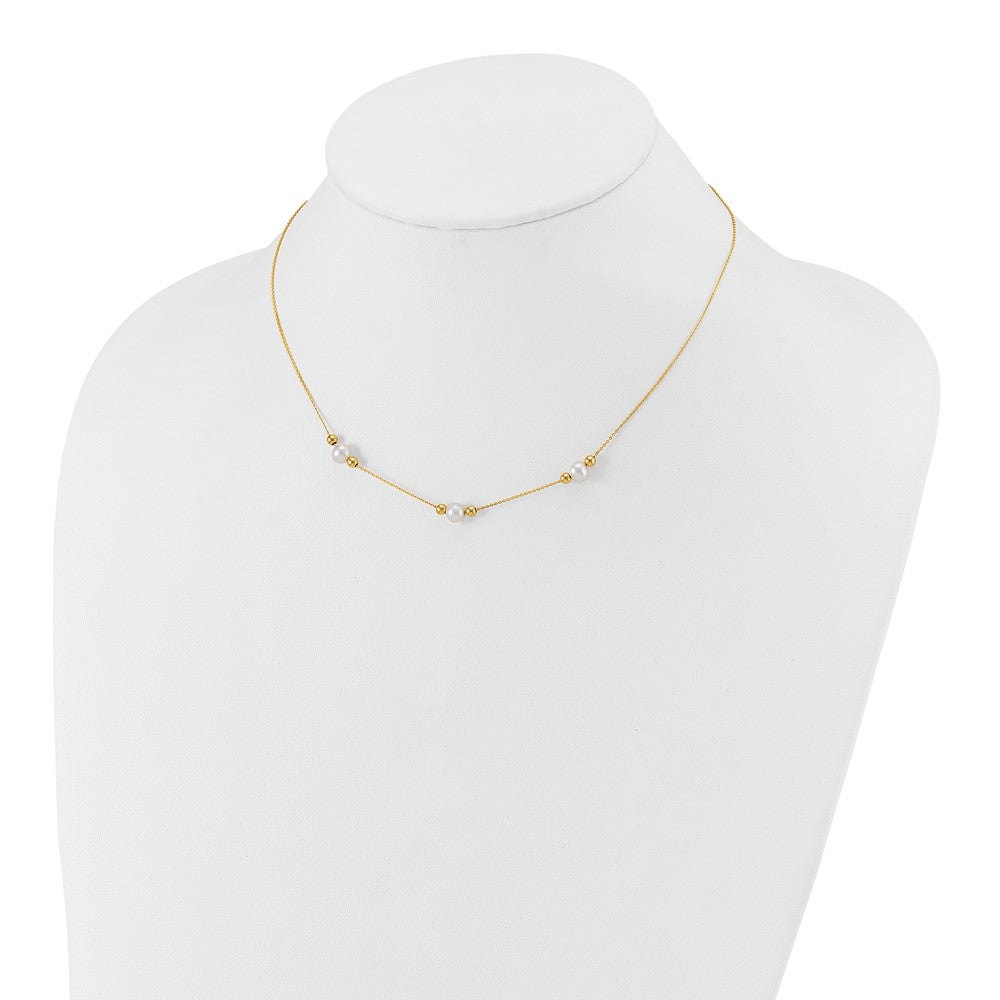 PGN 14K Polished White Round Freshwater Cultured Pearl and Bead 3-Station 16 inch Necklace Plus 2 inch Extender