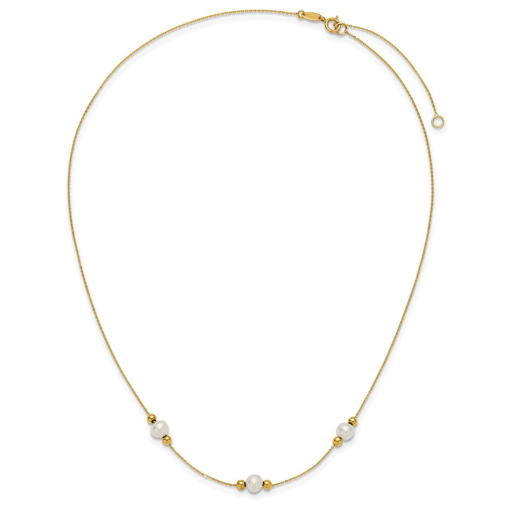 PGN 14K Polished White Round Freshwater Cultured Pearl and Bead 3-Station 16 inch Necklace Plus 2 inch Extender