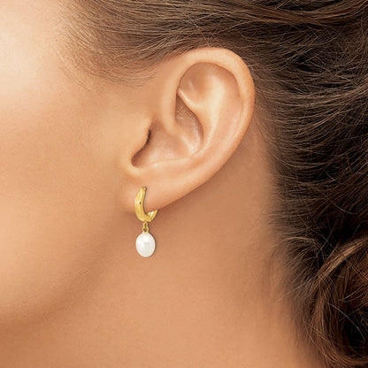 PGE 14k 6-7mm White Rice Freshwater Cultured Pearl Hoop Dangle Earrings