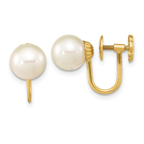 PGE 14k 7-8mm White Round Freshwater Cultured Pearl Non-pierced Earrings
