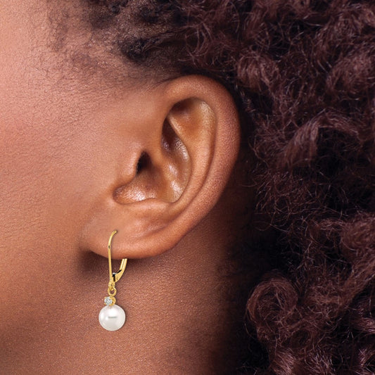 14k 7-8mm White Round Akoya Saltwater Cultured Pearl and .10 Carat Diamond Dangle Leverback Earrings