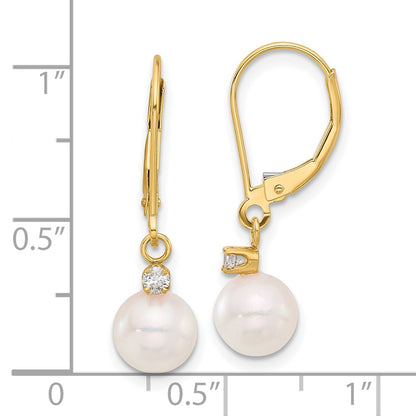14k 7-8mm White Round Akoya Saltwater Cultured Pearl and .10 Carat Diamond Dangle Leverback Earrings