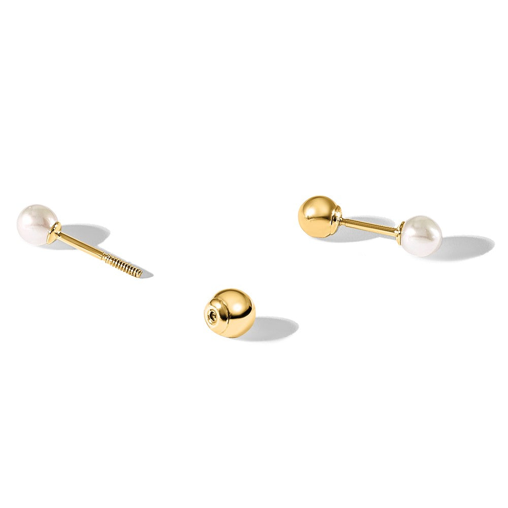 PGE 14k 3-4mm Round Freshwater Cultured Pearl Front and Back Ball Post Screwback Earrings
