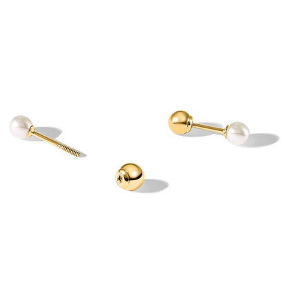 PGE 14k 3-4mm Round Freshwater Cultured Pearl Front and Back Ball Post Screwback Earrings