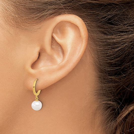 PSSE 14k 7-8mm White Round Freshwater Cultured Pearl Dangle Hinged Hoop Earrings