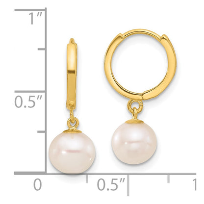 PSSE 14k 7-8mm White Round Freshwater Cultured Pearl Dangle Hinged Hoop Earrings