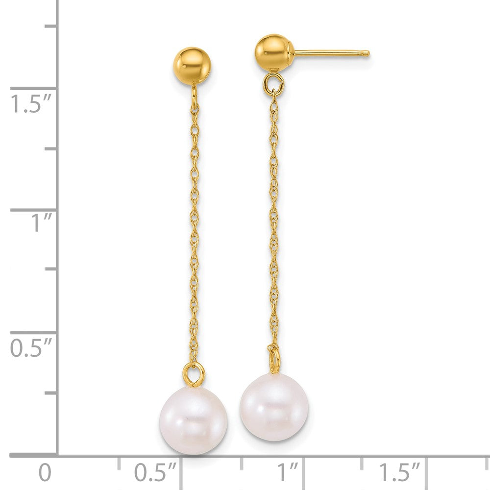 PGE 14k Polished 6.5-7mm White Round Akoya Saltwater Cultured Pearl Chain Dangle Post Earrings