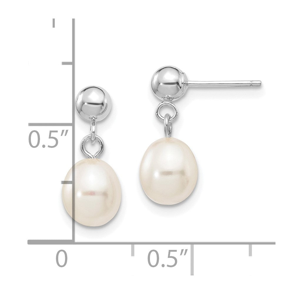 PGE 14k White Gold 6-7mm White Rice Freshwater Cultured Pearl Post Dangle Earrings