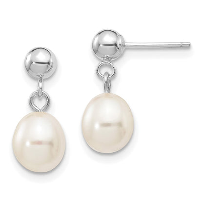 PGE 14k White Gold 6-7mm White Rice Freshwater Cultured Pearl Post Dangle Earrings