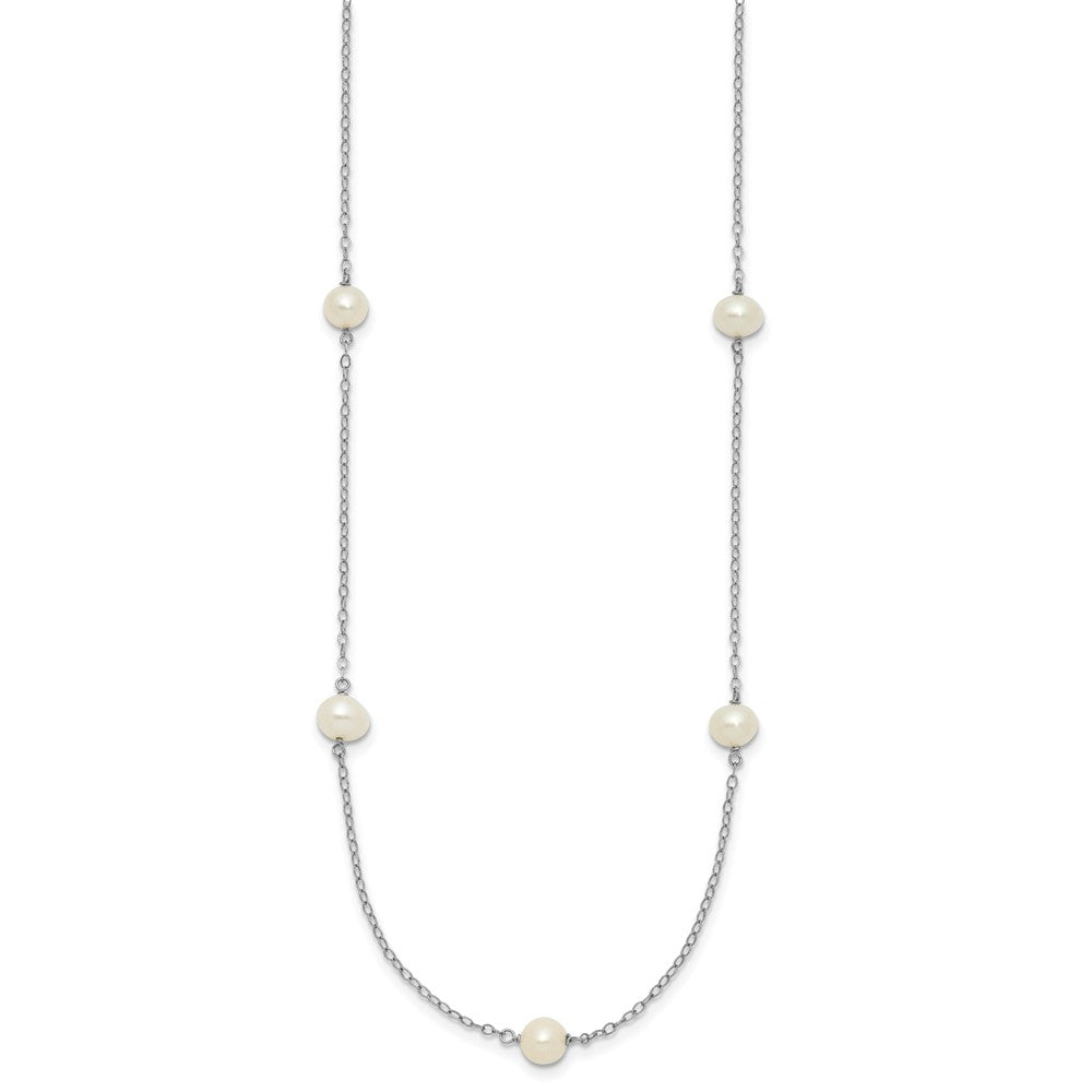 PGN 14k White Gold 5-6mm White Round Freshwater Cultured Pearl 7-Station 16 inch Necklace
