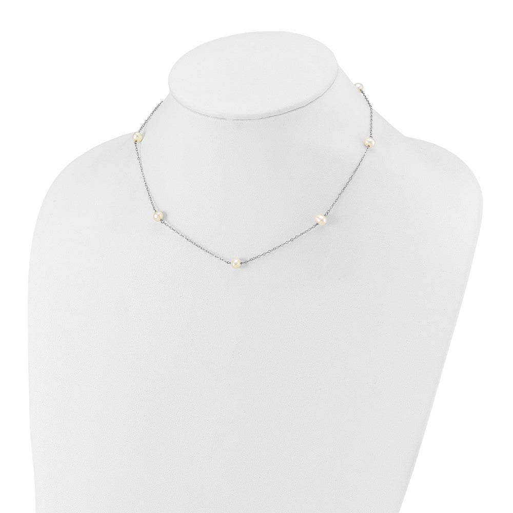 PGN 14k White Gold 5-6mm White Round Freshwater Cultured Pearl 7-Station 16 inch Necklace