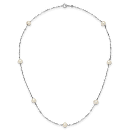 PGN 14k White Gold 5-6mm White Round Freshwater Cultured Pearl 7-Station 16 inch Necklace