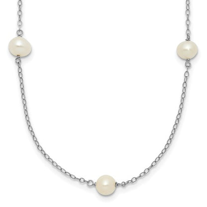 PGN 14k White Gold 5-6mm White Round Freshwater Cultured Pearl 7-Station 16 inch Necklace
