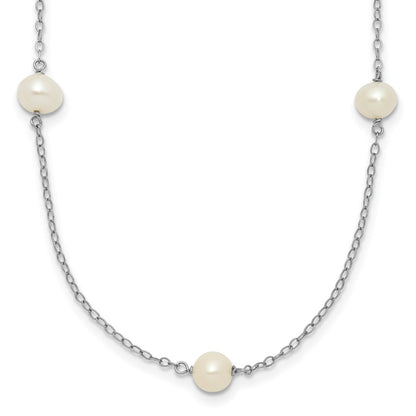 PGN 14k White Gold 5-6mm White Round Freshwater Cultured Pearl 7-Station 16 inch Necklace
