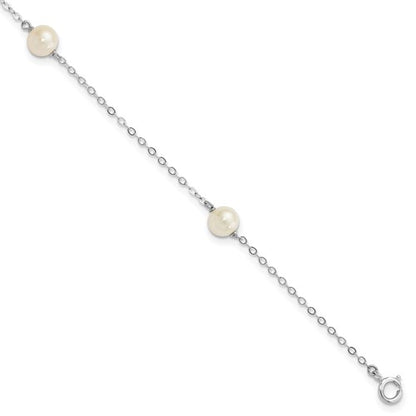 PGB 14k White Gold 5-6mm White Round Freshwater Cultured Pearl 3-Station 7.25 inch Bracelet