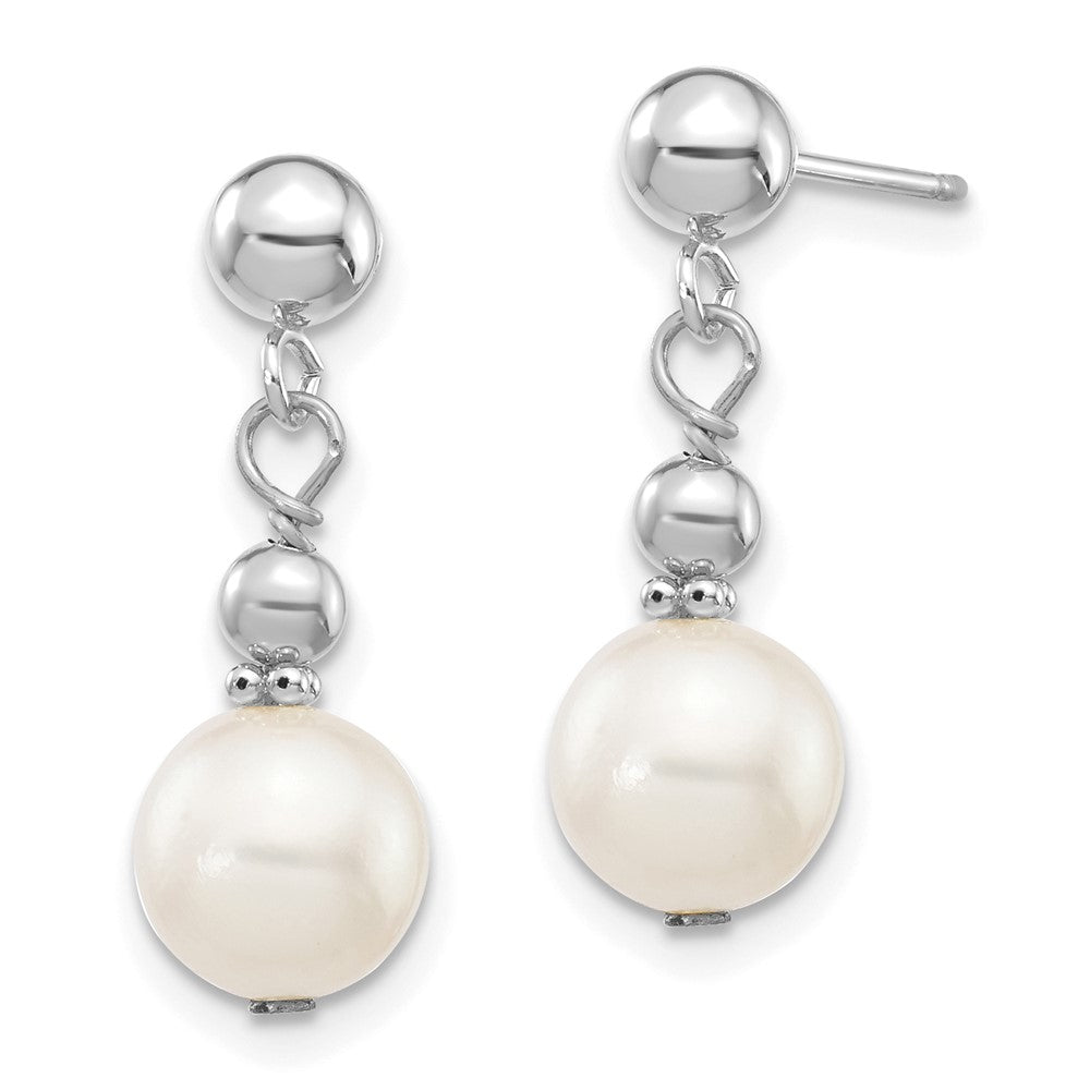 PGE 14k White Gold 7-8mm White Semi-round Freshwater Cultured Pearl Post Dangle Earrings