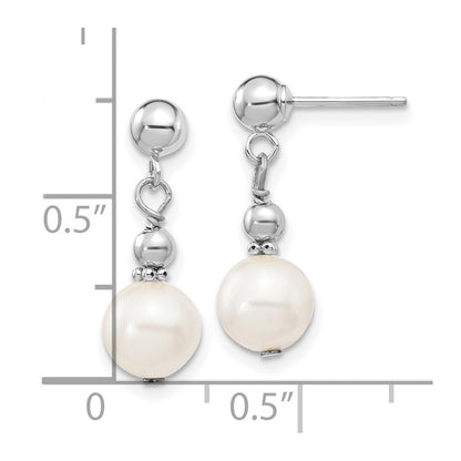 PGE 14k White Gold 7-8mm White Semi-round Freshwater Cultured Pearl Post Dangle Earrings