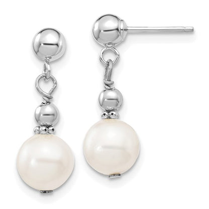 PGE 14k White Gold 7-8mm White Semi-round Freshwater Cultured Pearl Post Dangle Earrings