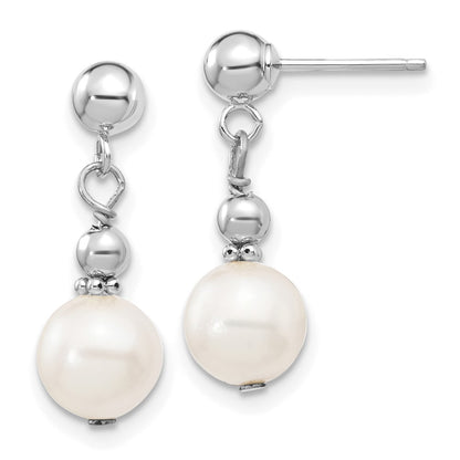 PGE 14k White Gold 7-8mm White Semi-round Freshwater Cultured Pearl Post Dangle Earrings