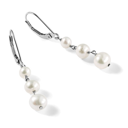 PGE 14k White Gold 4-6mm White Semi-Round Freshwater Cultured Pearl Dangle Leverback Earrings
