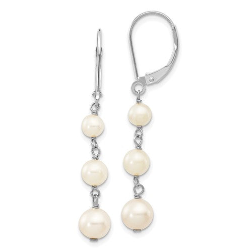 PGE 14k White Gold 4-6mm White Semi-Round Freshwater Cultured Pearl Dangle Leverback Earrings