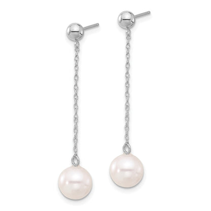 PGE 14k White Gold 7-8mm White Round Freshwater Cultured Pearl Chain Dangle Post Earrings