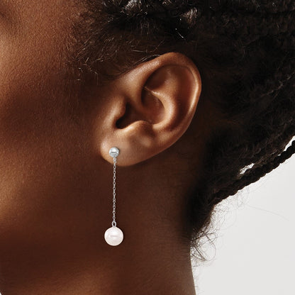 PGE 14k White Gold 7-8mm White Round Freshwater Cultured Pearl Chain Dangle Post Earrings