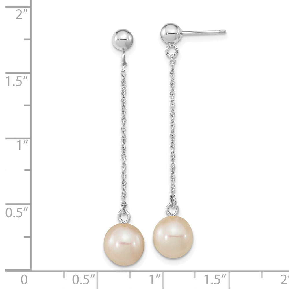 PGE 14k White Gold 7-8mm White Round Freshwater Cultured Pearl Chain Dangle Post Earrings