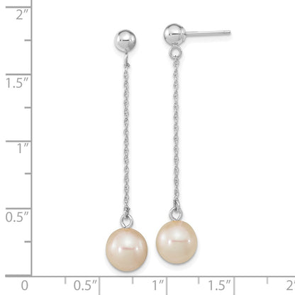 PGE 14k White Gold 7-8mm White Round Freshwater Cultured Pearl Chain Dangle Post Earrings