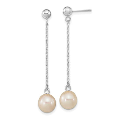 PGE 14k White Gold 7-8mm White Round Freshwater Cultured Pearl Chain Dangle Post Earrings