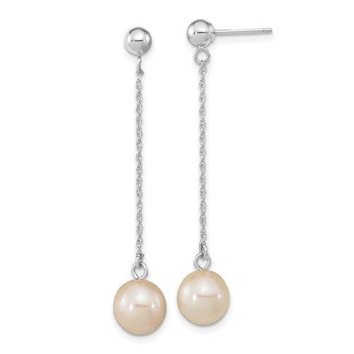 PGE 14k White Gold 7-8mm White Round Freshwater Cultured Pearl Chain Dangle Post Earrings
