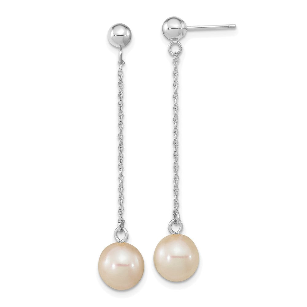 PGE 14k White Gold 7-8mm White Round Freshwater Cultured Pearl Chain Dangle Post Earrings