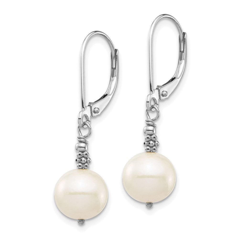PGE 14k White Gold 8-9mm White Near-Round Freshwater Cultured Pearl Dangle Leverback Earrings