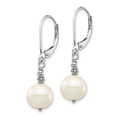 PGE 14k White Gold 8-9mm White Near-Round Freshwater Cultured Pearl Dangle Leverback Earrings