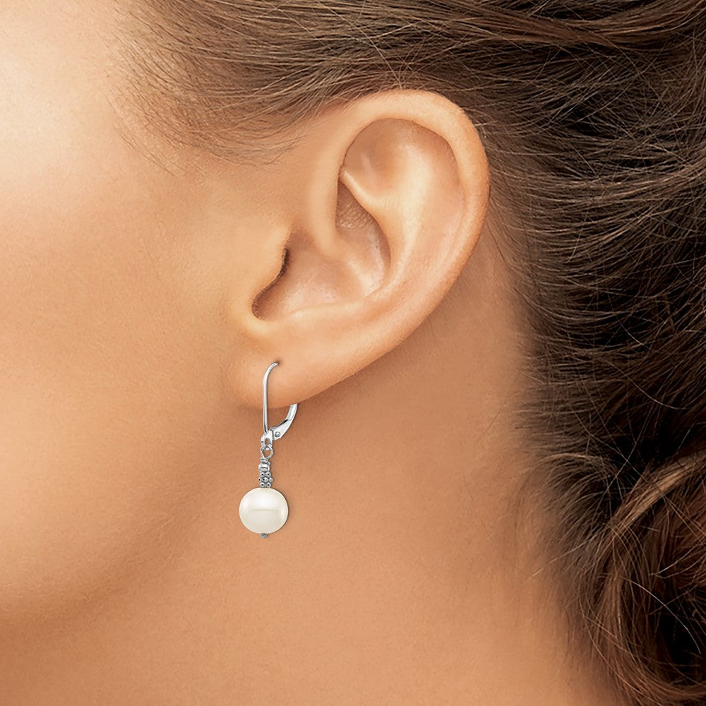 PGE 14k White Gold 8-9mm White Near-Round Freshwater Cultured Pearl Dangle Leverback Earrings